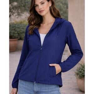 Iris & Ink Performance Jacket Womens S Patriot Blue Zip Up Hooded Athleisure